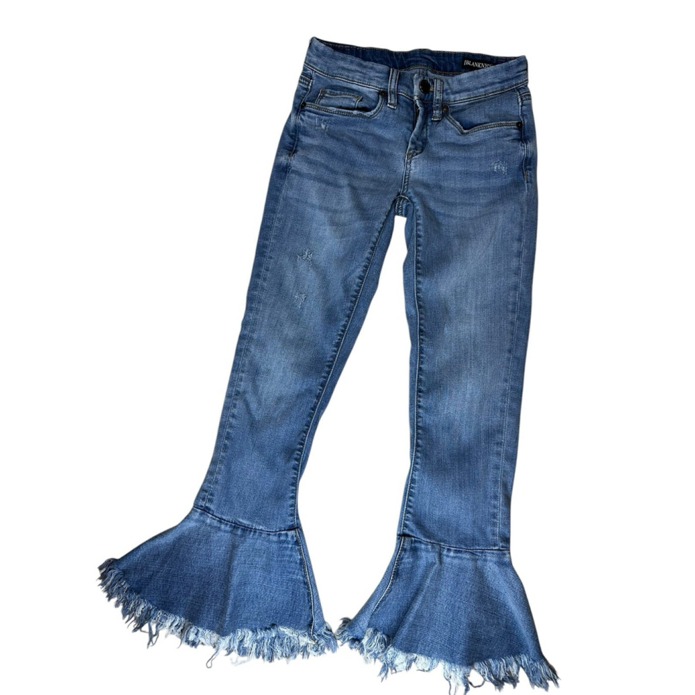 Blank NYC Womens Flare Blue Jeans Size 24 Raw Ruffled Hems Mid Rise - Picture 2 of 11